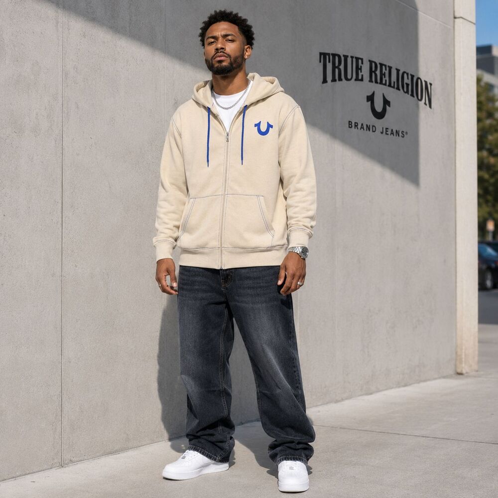 TRUE RELIGION Men's New MEDIUM Full Zip Hoodie Fog Beige Buddha Guitar 701400